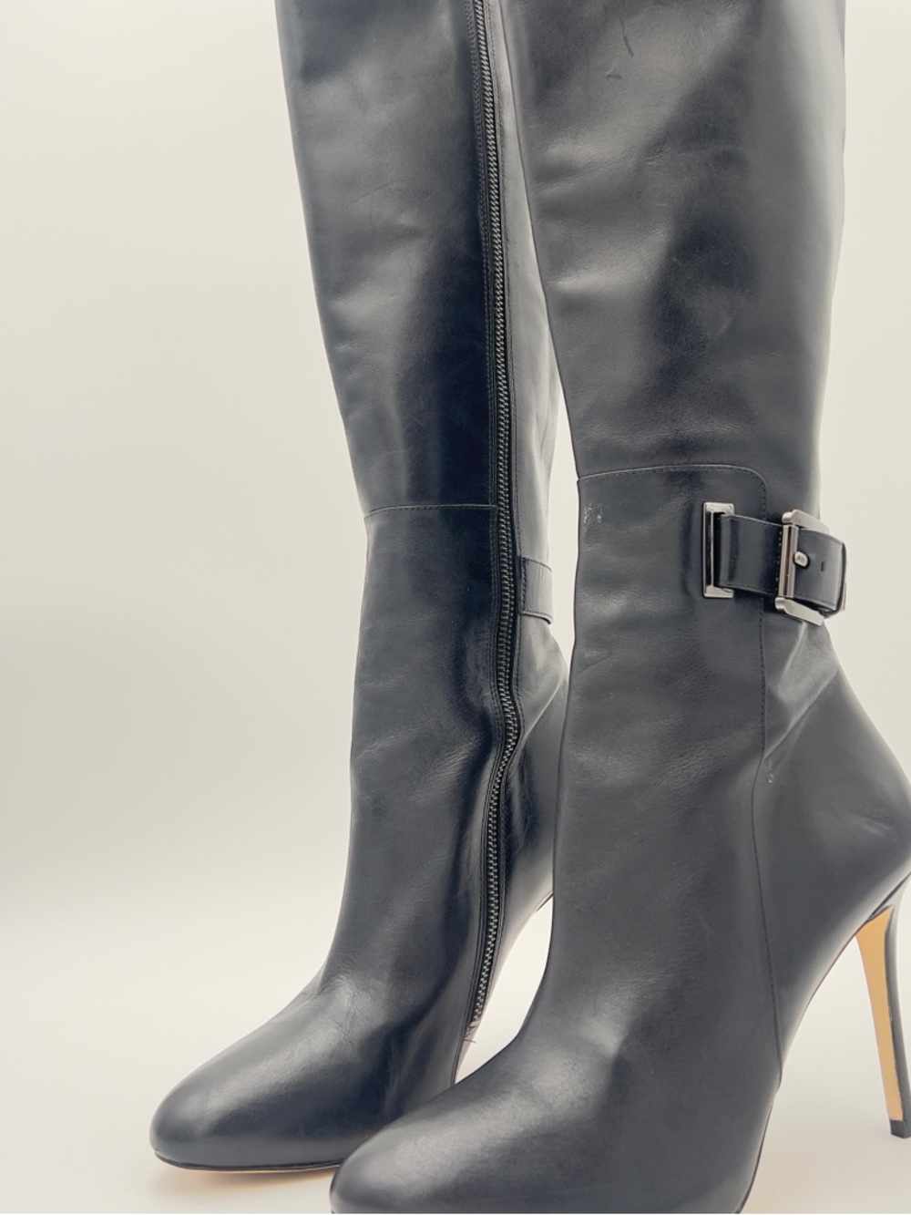 Michael Kors Black Leather Over-the-Knee Stiletto Boots with Buckle